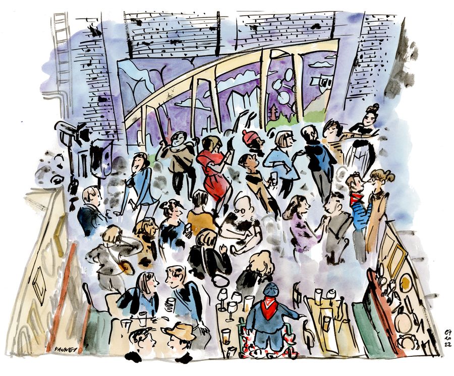 A crowded dance hall during the festival, ink and watercolour