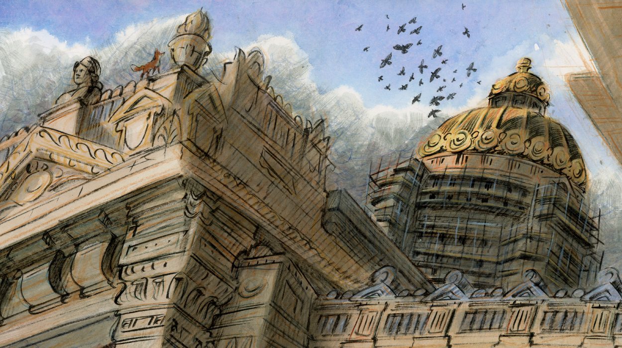 A fox on the cornice of the Palace of Justice, birds circling the dome