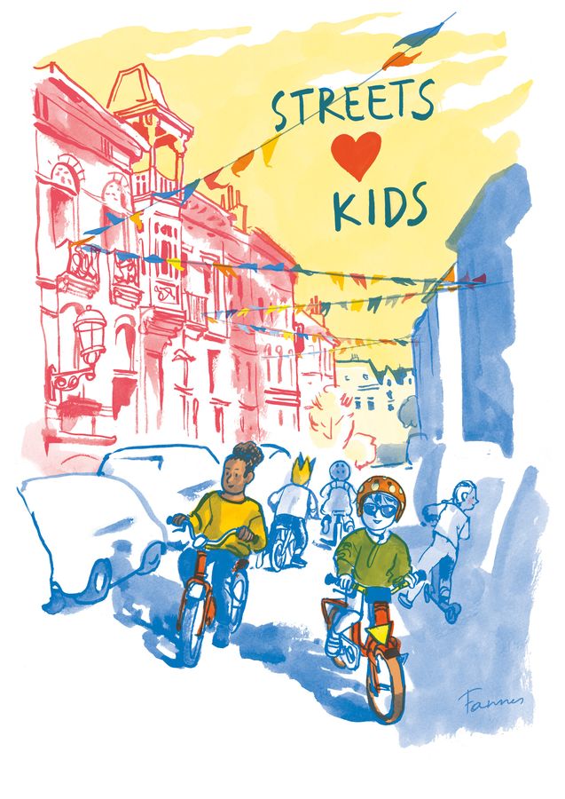 Poster ‘Streets ♥ Kids’: children cycling through a Schaerbeek street