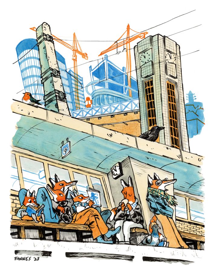 Foxes commuting on a train at the North Station, towers and cranes above