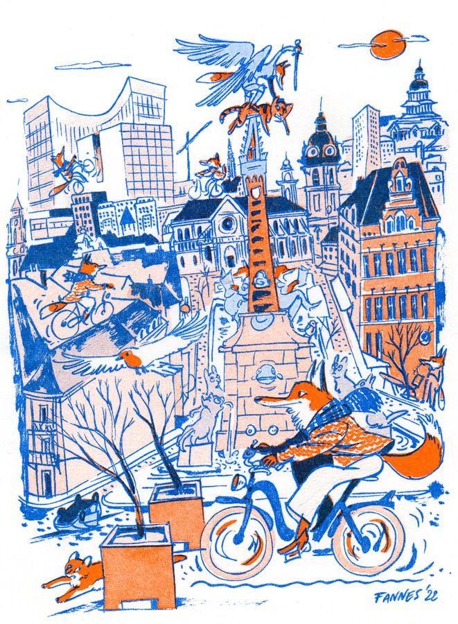 A fox cycles through a wintry Brussels, blue and orange