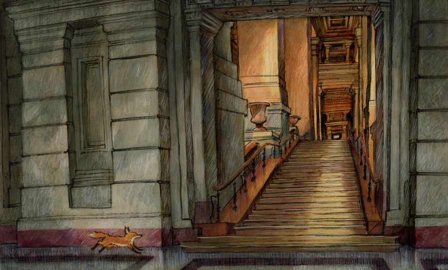 A stairwell in the Palace of Justice, a fox running past
