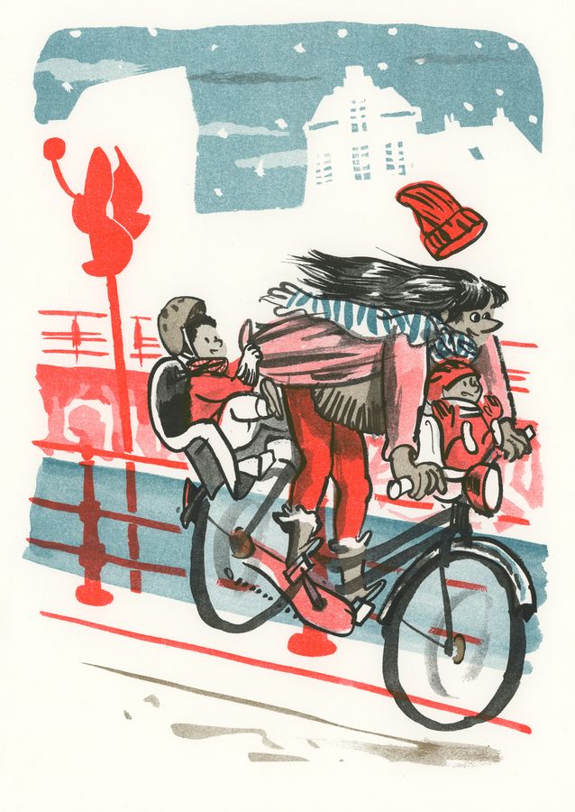 A parent cycling a child through the falling snow, red and blue
