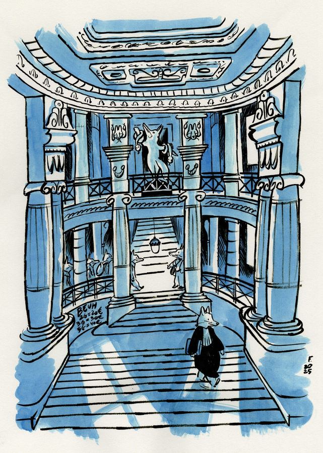 A fox in a suit climbs the stairs of the Palace of Justice, blue