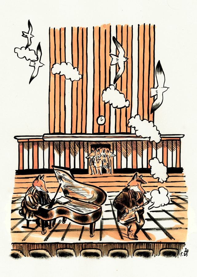 Two foxes making music on stage, one at the piano, orange and black