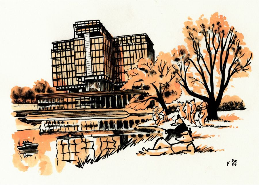 An office building reflected in a pond, a fox reading on the bank