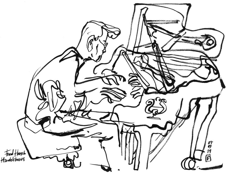Fred Hersch: Fred Hersch at the piano in the Handelsbeurs, quick ink line