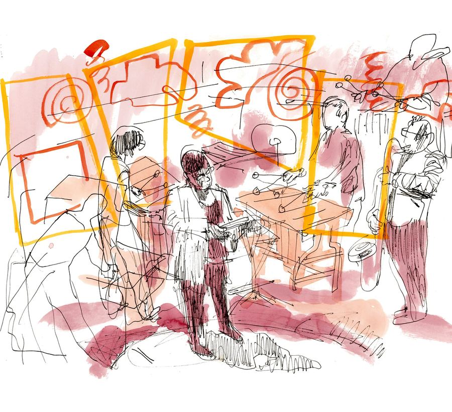 Claron McFadden, Flagey, 2024: Performers moving through colourful projections on stage, line and wash