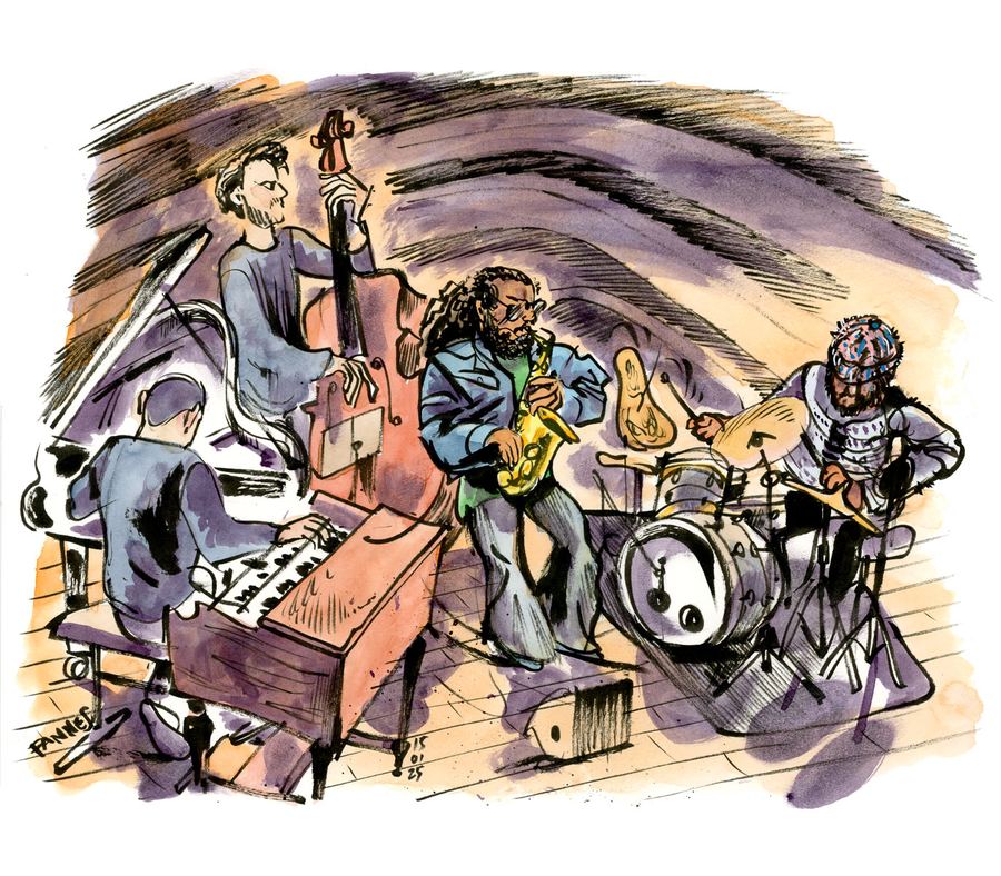 Immanuel Wilkins: Quartet in a vaulted cellar: alto sax, double bass, piano and drums, colour