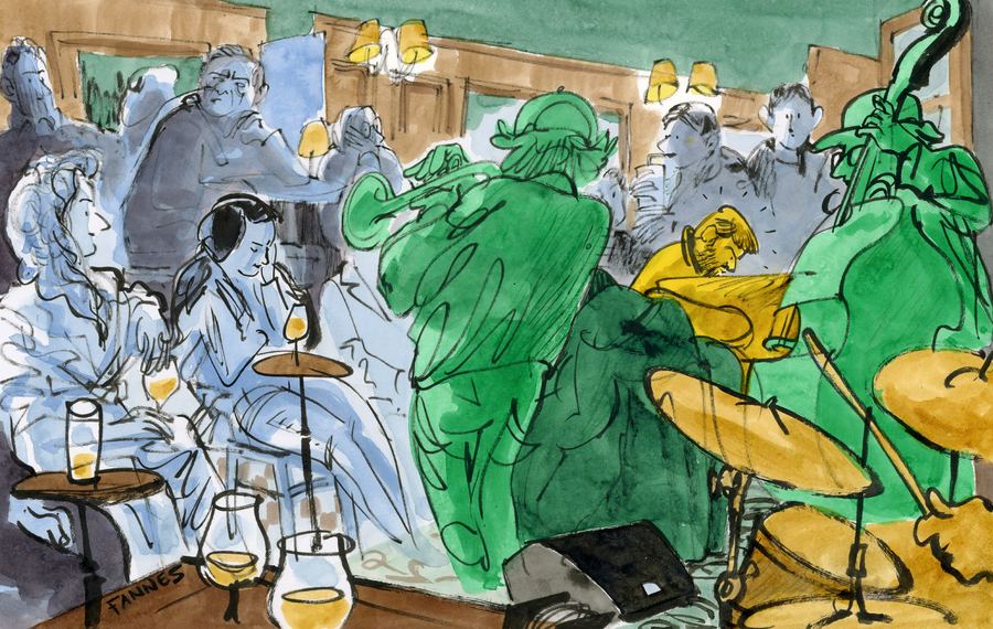 Jam at Toots, 2025: Musicians in green among the drinkers at a crowded jam, watercolour