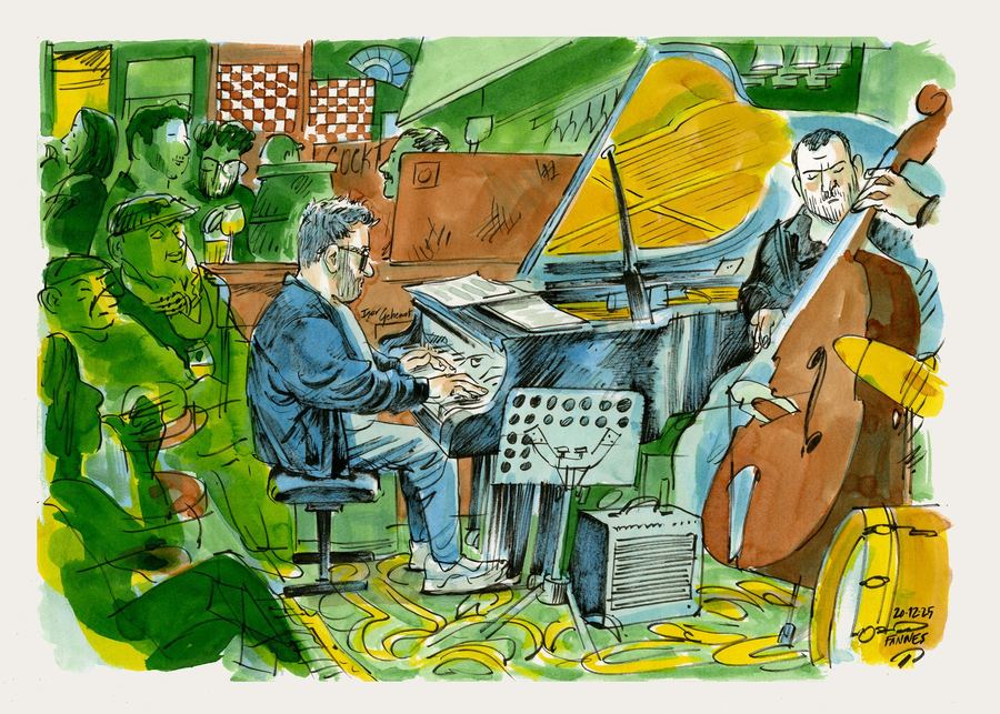 Jam at Toots, 2025: A jam session in a café: piano, double bass and listeners, colourful watercolour