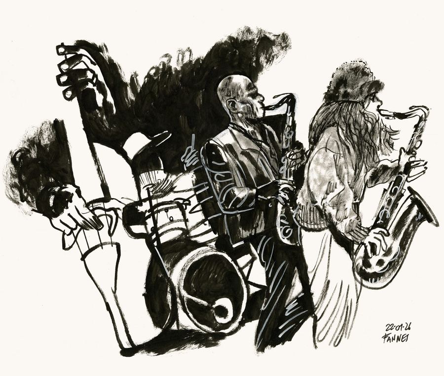 Isaiah Collier and Ornella Noulet: Two saxophonists, a drummer and a bassist in full flight, brush and ink