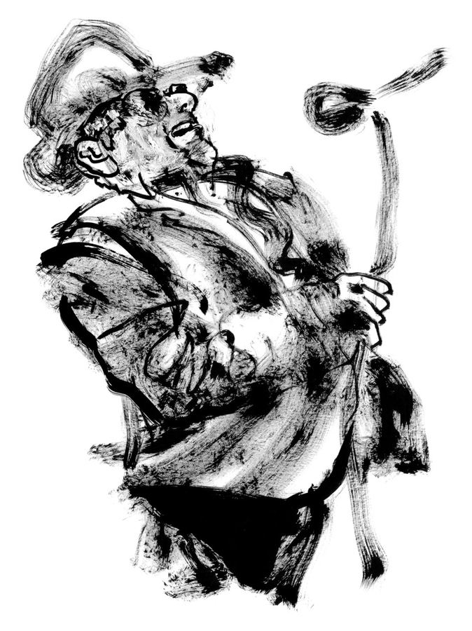 Van Morrison: Singer in a hat leaning into the microphone, loose ink wash