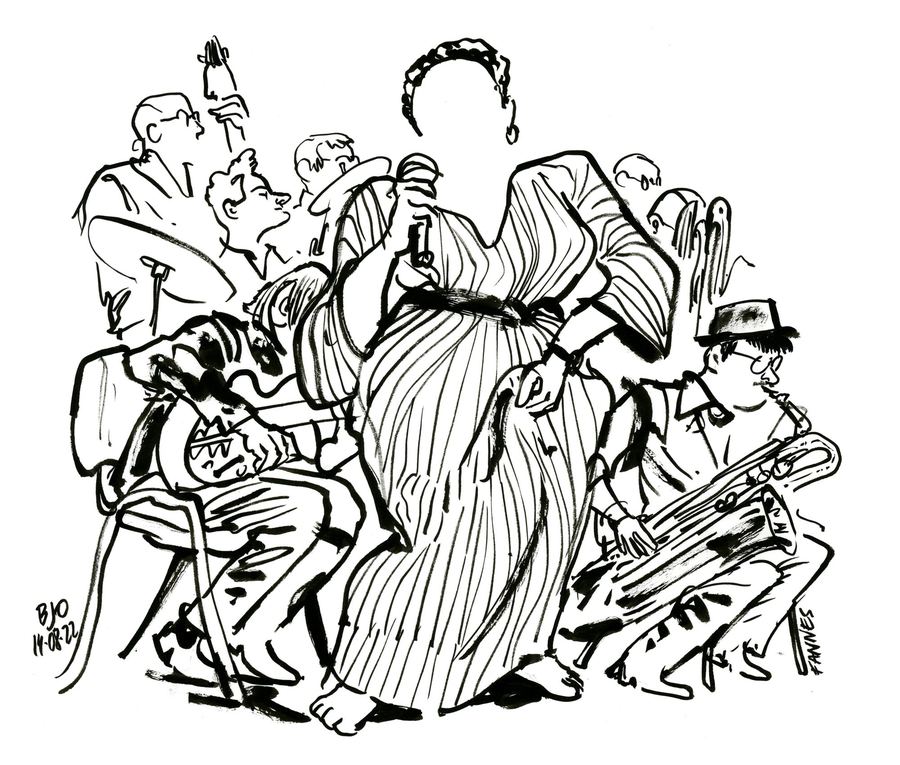 Tutu Puoane & BJO: Singer in a long striped dress in front of a big band, line drawing