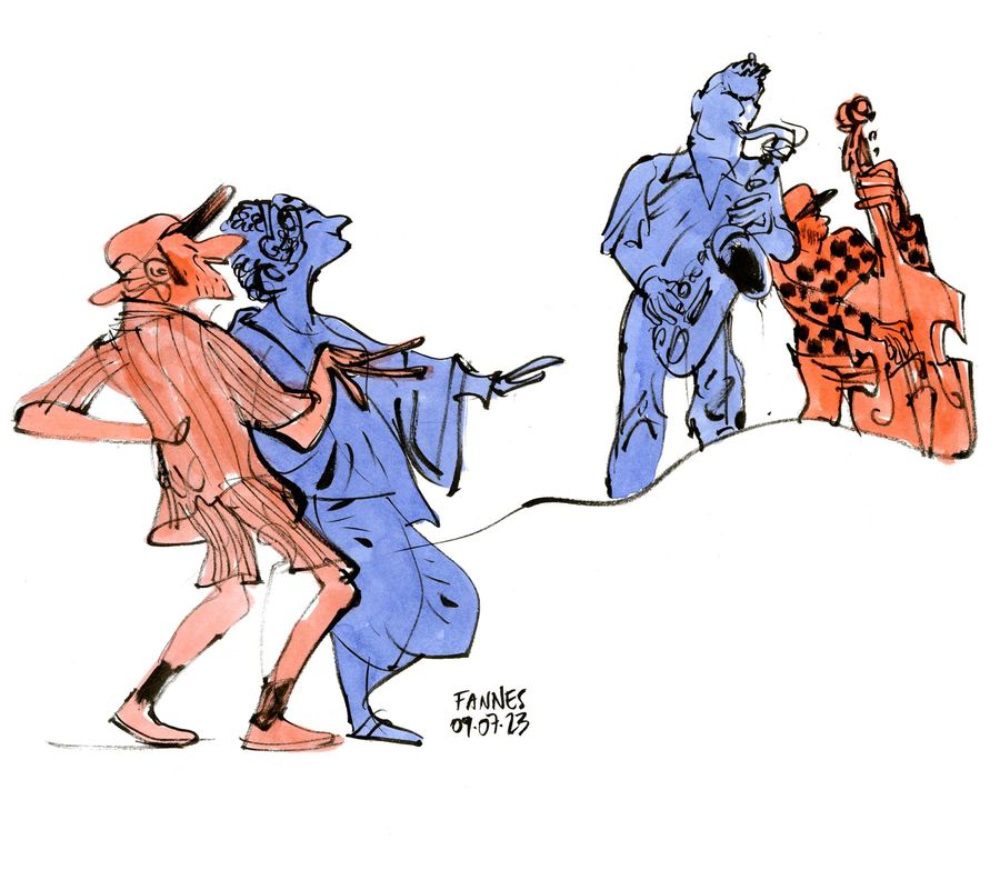 Binker Golding: Two dancers in front of a saxophonist and bassist, red and blue