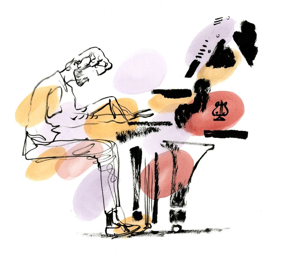 Nitai Hershkovits: Pianist drawn in fine line among soft coloured shapes