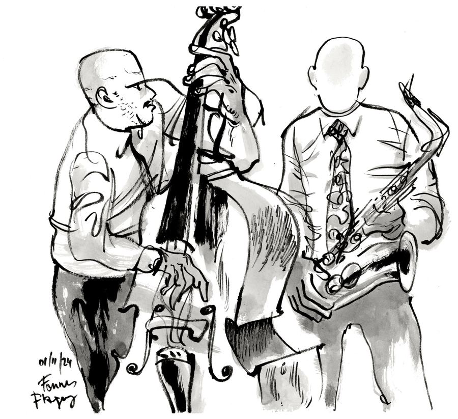 Branford Marsalis, Flagey, 2024: Double bassist and saxophonist side by side, grey ink wash