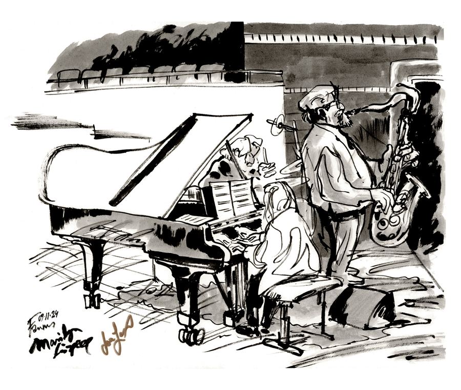 Joe Lovano: Joe Lovano on saxophone beside a pianist at a grand piano, ink