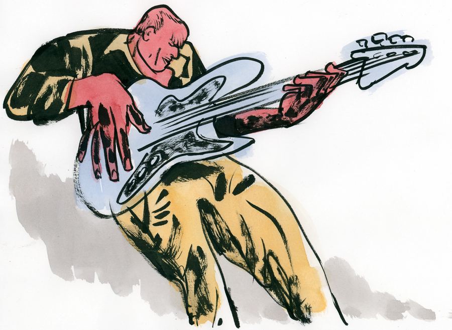 Avishai Cohen: Bass guitarist bent low over his instrument, ink and colour