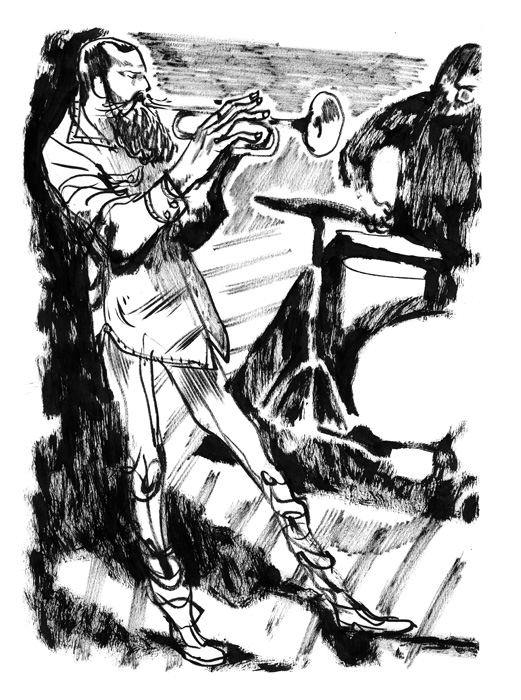 Avishai Cohen: Bearded trumpeter in a dark club, black ink