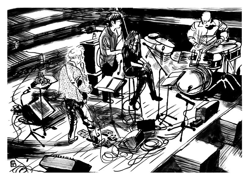 Bill Frisell: A band seen from above on a stage full of cables and pedals, black ink