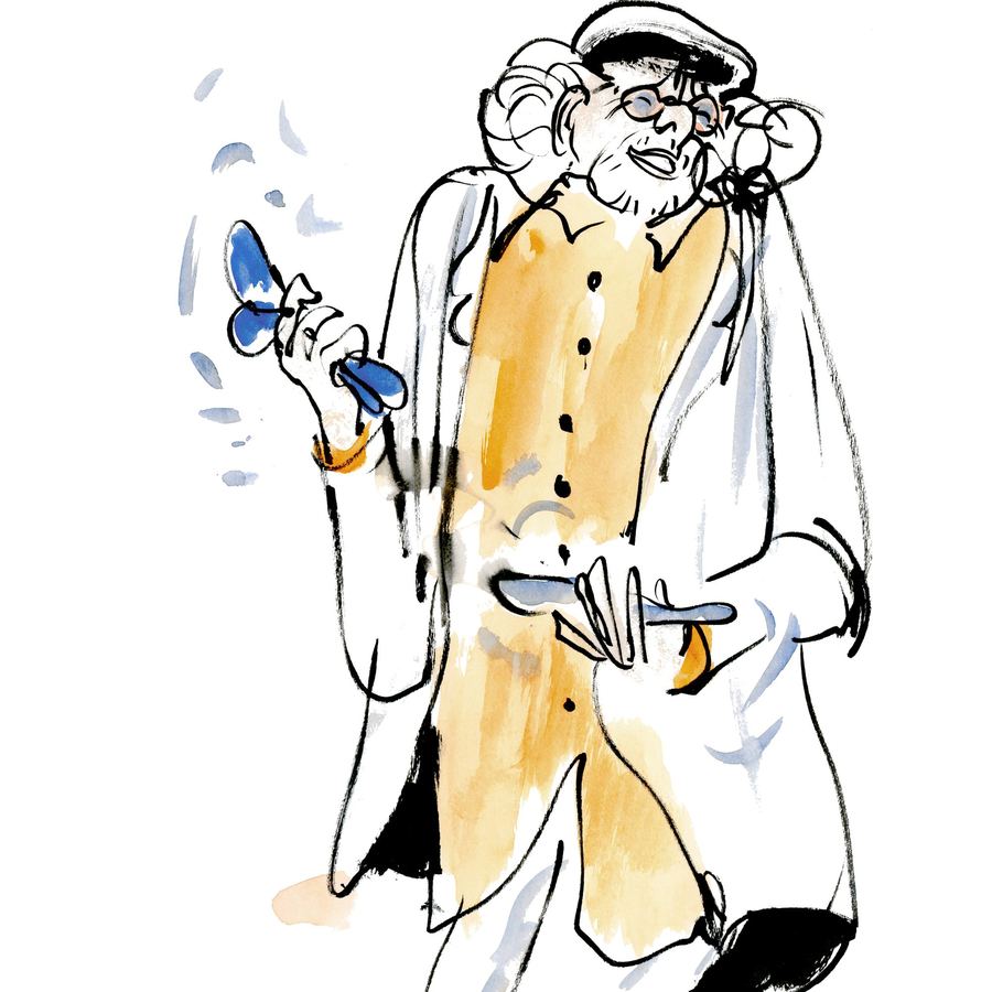 Charles Lloyd: Charles Lloyd in a cap, shaking maracas, ink and ochre