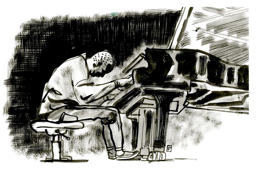 Craig Taborn: Pianist hunched over a grand piano, dense black hatching