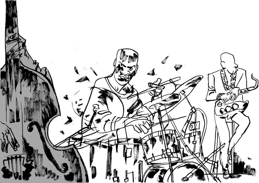 Joshua Redman: Saxophonist, drummer and bassist, sharp black lines on grey