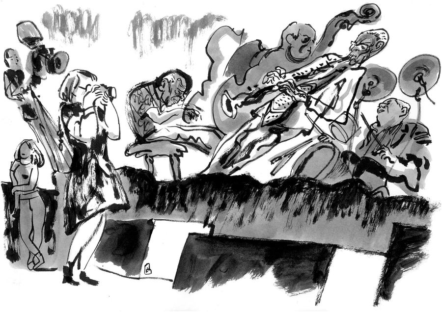 Concert drawing: A large ensemble on stage behind a singer, grey ink wash