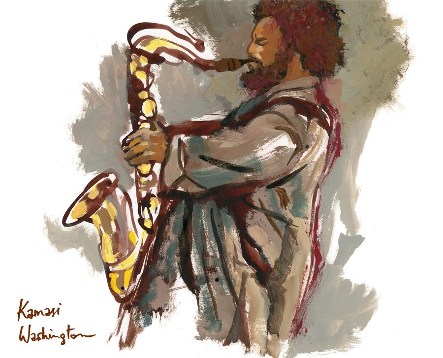 Kamasi Washington, Gent Jazz 2016: Kamasi Washington playing tenor saxophone, painted with a broad brush