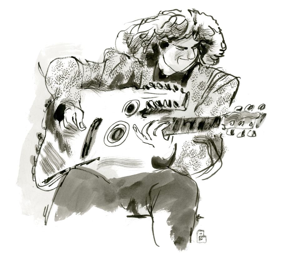 Pat Metheny: Guitarist with curly hair bent over his guitar, ink and grey wash