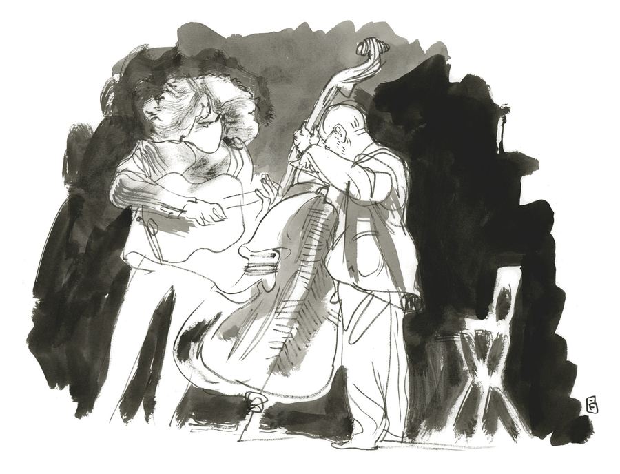 Pat Metheny & Ron Carter: Guitarist and double bassist on a dark stage, ink wash