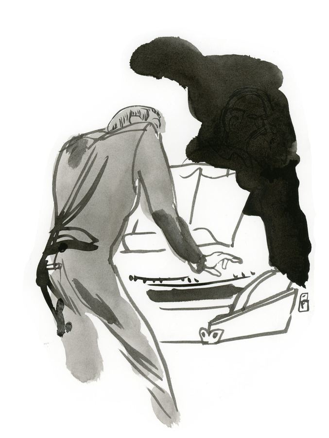 Brad Mehldau, Gent Jazz 2016: Pianist leaning over the keys, a large blot of black ink beside him