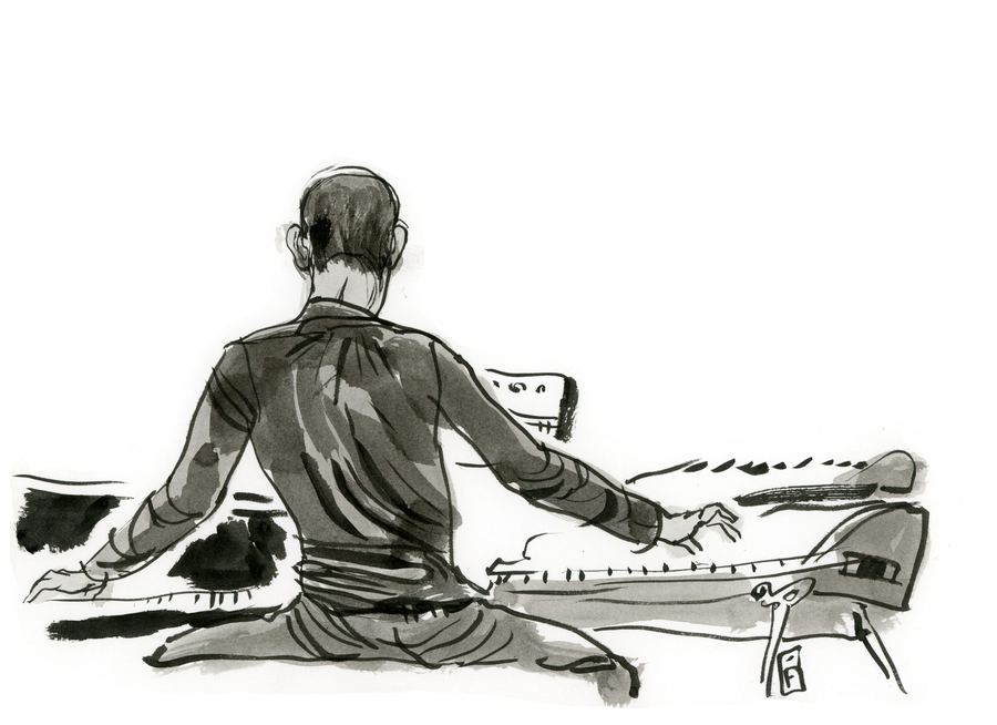 Concert drawing: Pianist seen from behind, arms spread over the keyboard, grey ink wash