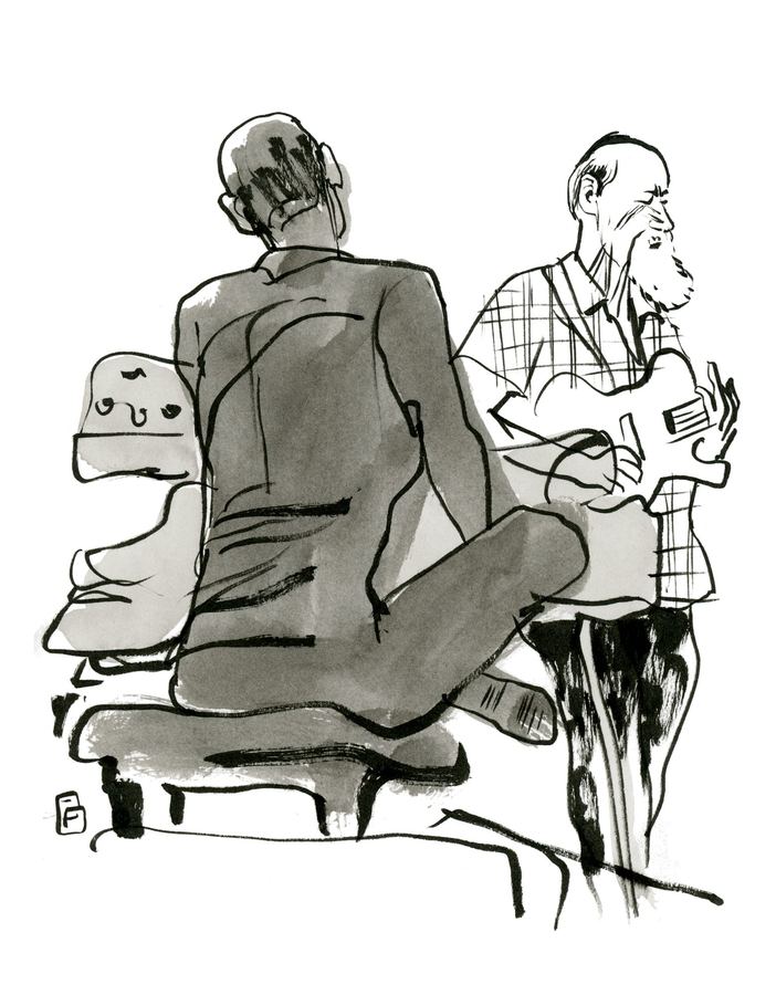 Brad Mehldau & John Scofield: Pianist seen from behind next to a bearded guitarist, grey ink wash