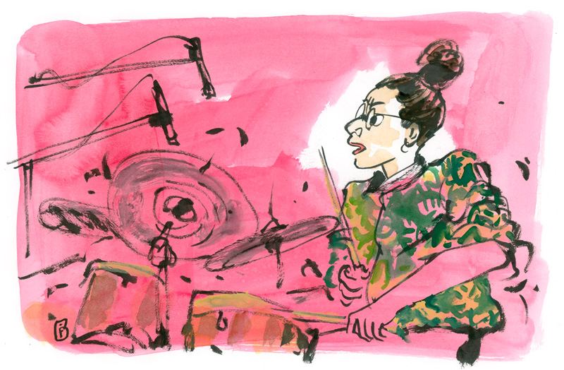 Anne Paceo: Drummer with glasses and a hair bun, pink and green watercolour