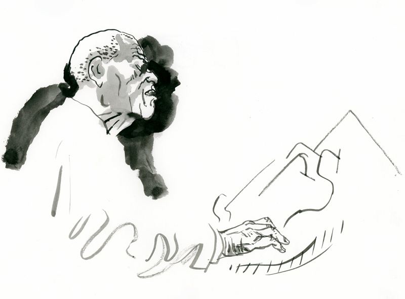 McCoy Tyner: McCoy Tyner in profile, hands on the keys, a few lines of ink