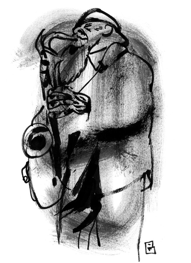 Pharaoh Sanders: Saxophonist with eyes closed, soft grey ink