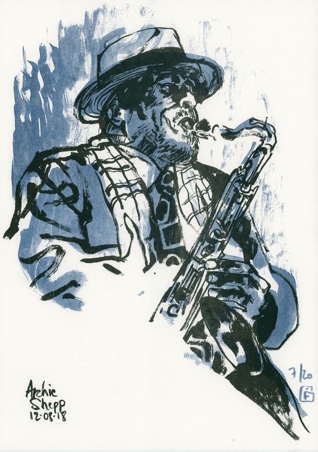 Archie Shepp: Archie Shepp in a hat playing tenor saxophone, blue ink
