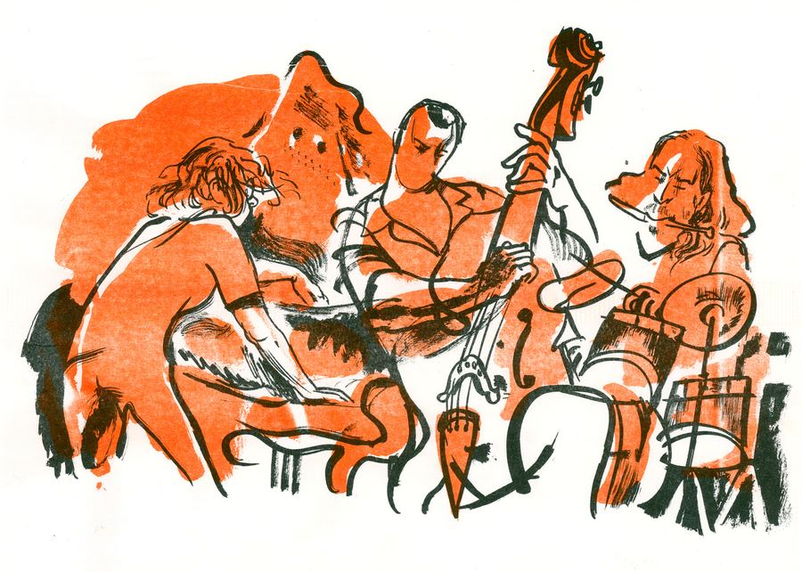 De Beren Gieren: De Beren Gieren: piano, double bass and drums in orange and black