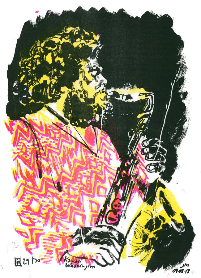 Kamasi Washington: Kamasi Washington playing tenor saxophone, yellow and pink on black