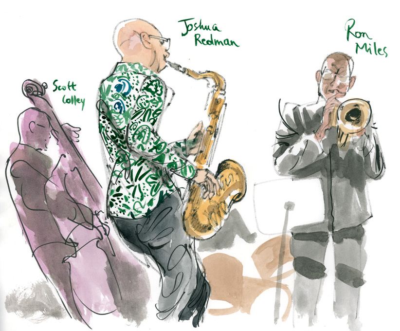 Joshua Redman: Joshua Redman on tenor with Scott Colley and Ron Miles, names written in