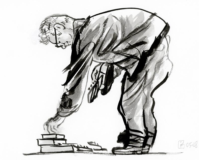 Bill Frisell, Flagey: Guitarist bent double over his effect pedals, grey ink