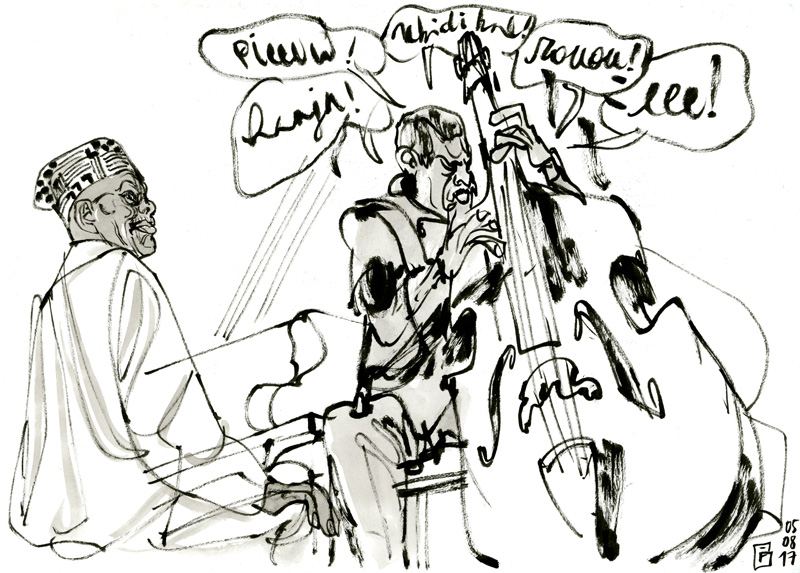 Randy Weston: Randy Weston at the piano with a double bassist, speech bubbles of sounds
