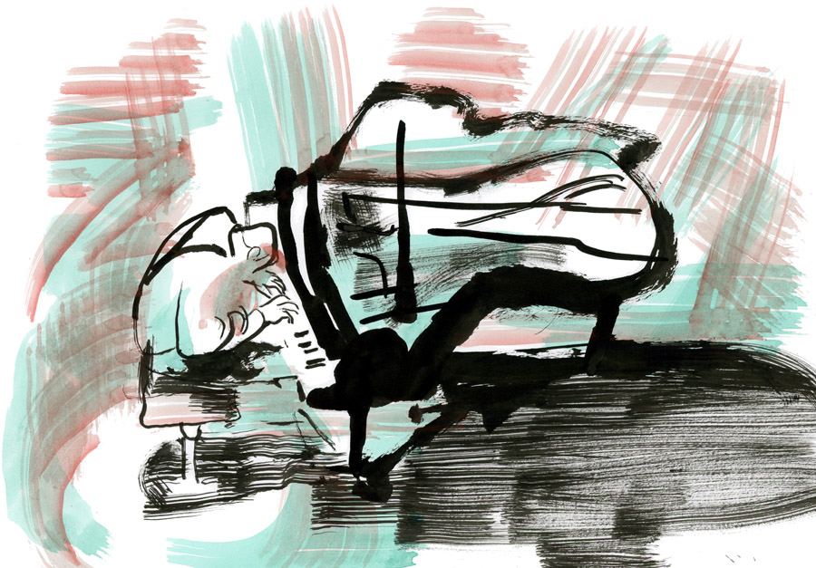 Jef Neve: Pianist folded over a grand piano, black ink with pink and turquoise