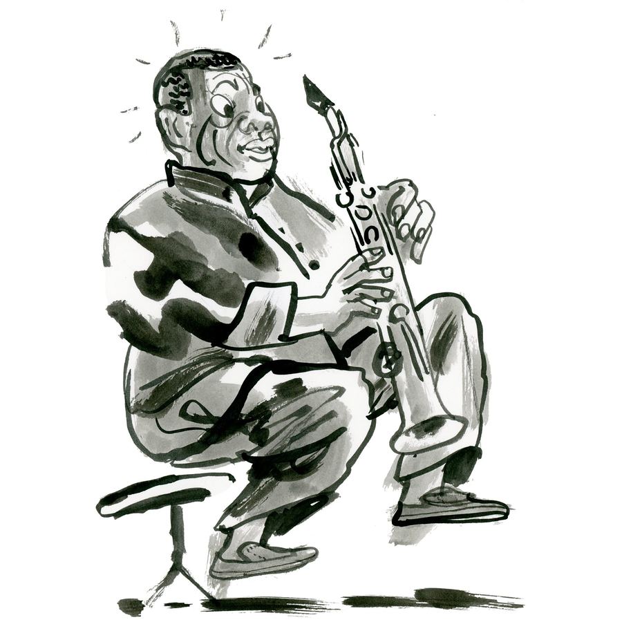 Wayne Shorter: Wayne Shorter seated with his soprano saxophone, brush and ink