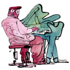 Nduduzo Makhatini: Pianist in a cap at a grand piano, pink and teal watercolour