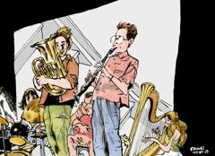 Aki: A band with tuba, clarinet, harp and drums on an open-air stage, colour