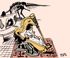 Walid Ben Selim and Marie-Marguerite Cano at the Dino Museum, Brussels: Harpist playing beneath a dinosaur skeleton in the museum, ink on pink