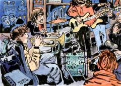 Jam at L’Ascenseur, 2024: A late-night jam: trumpet, drums and bass guitar in a packed room, colour